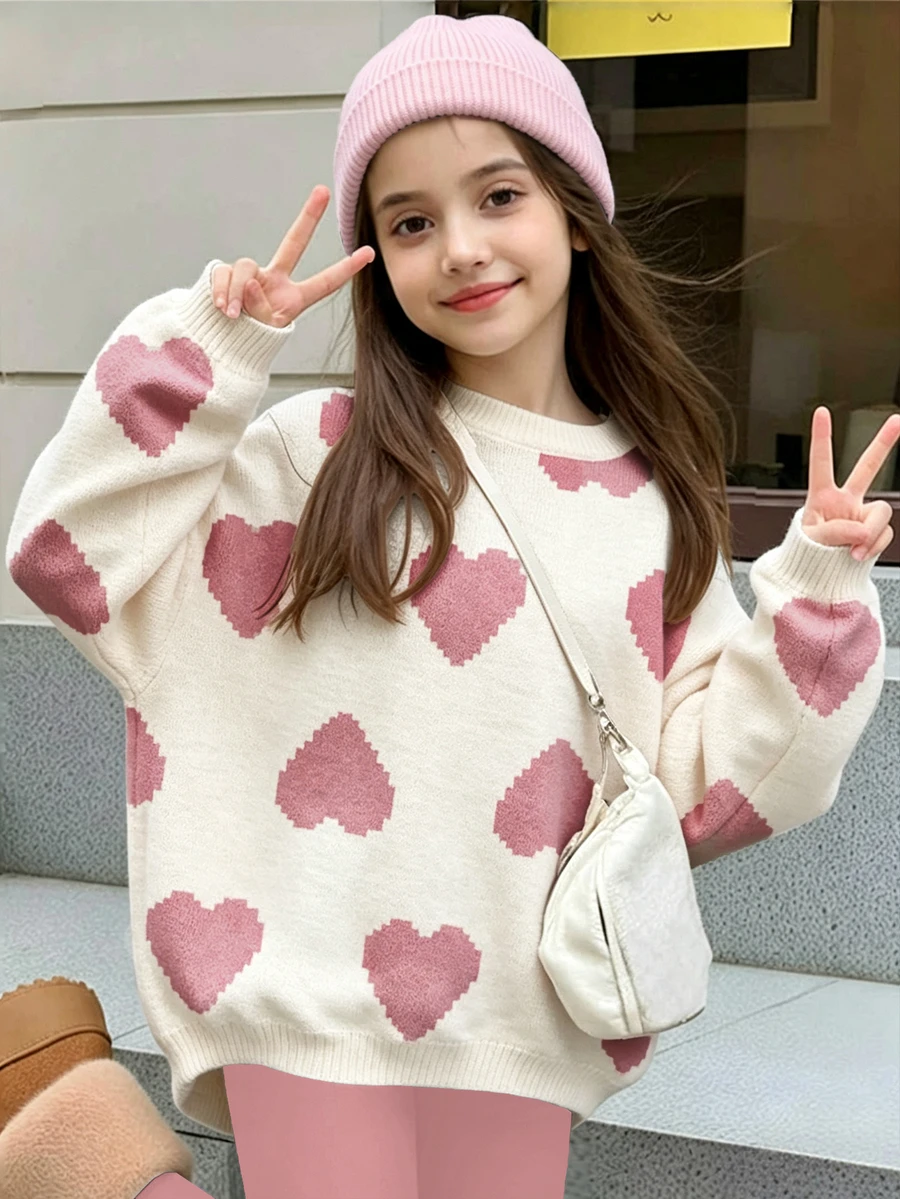 Tween Girl Casual Minimalist Loose Round Neck Comfortable Long Sleeve Sweatshirt, Suitable For Autumn/Winter, Classic Pixel Heart Pattern Print - White - View 1