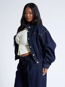 MUSERA Plus Size Blue Denim Funnel Neck Balloon Sleeve Jacket Fall Autumn Winter Women Outfit Day Outfit Casual - Blue - View 2