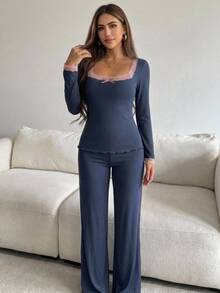 Dazy Kids 青少年女孩蕾絲拼接蝴蝶結裝飾上衣與長褲家居服套裝 秋季 - 水鴨藍 - 查看 4