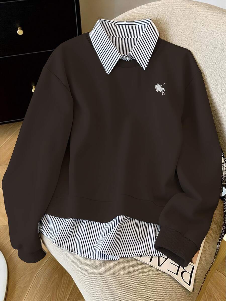 Resyla 女款馬術刺繡拼接條紋襯衫領二合一休閒衛衣 - 棕色 - 查看 1