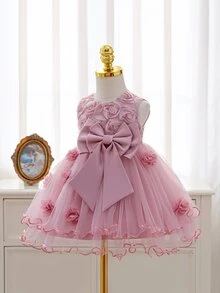 Glamorique Kids 女嬰花卉裝飾腰部蝴蝶結派對生日公主禮服 粉色花童裙 幼兒秋季可愛優雅 - 藕粉色 - 查看 3