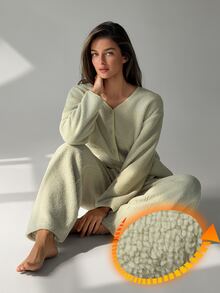 DAZY Women's Letter Embroidered Single-Breasted Pocket Top And Pants Pajama Set - Green - View 3