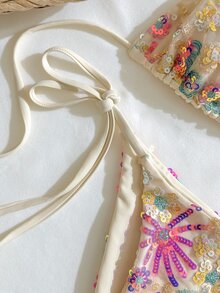 Swim Mod 女款 2 件組彩色亮片與珠飾刺繡比基尼套裝，掛脖綁帶三角上衣搭配側綁下褲，夏季海灘度假女裝 - 米色 - 查看 6