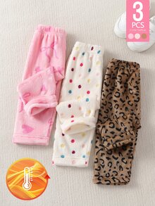 SHEIN 3件組幼兒女嬰褲 可愛甜美 粉色白色棕色 豹紋波點愛心蝴蝶結 毛絨加厚 戶外度假 冬季秋季 慢跑彈性褲 - 黑色 - 查看 3