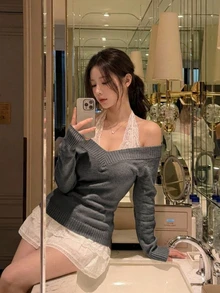 DAZY 女款溫柔風百搭長袖針織衫，優雅日常穿搭秋季款 - 灰色 - 查看 2