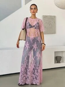 Lavishia 女款蕾絲刺繡透視洋裝拍照造型，黑色花卉，夏季優雅派對之夜女士俱樂部晚裝 - 粉色 - 查看 4