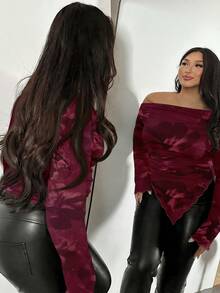 Firerie Plus Size Floral Print One Shoulder Asymmetrical Hem Top - Burgundy - View 7