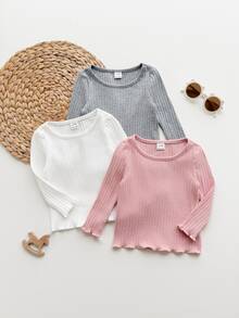 SHEIN 女嬰針織純色圓領休閒T恤上衣3件組，隨機3件，僅含上衣 - 彩色 - 查看 3