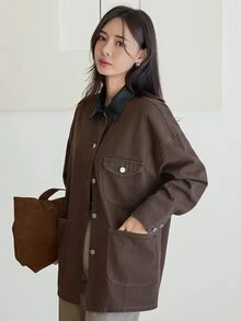 Dazy-Less Women's Brown Washed Loose Fit Short Denim Jacket With Turn-Down Collar, Button And Pocket Decor, Long Sleeve, Autumn - Brown - View 6