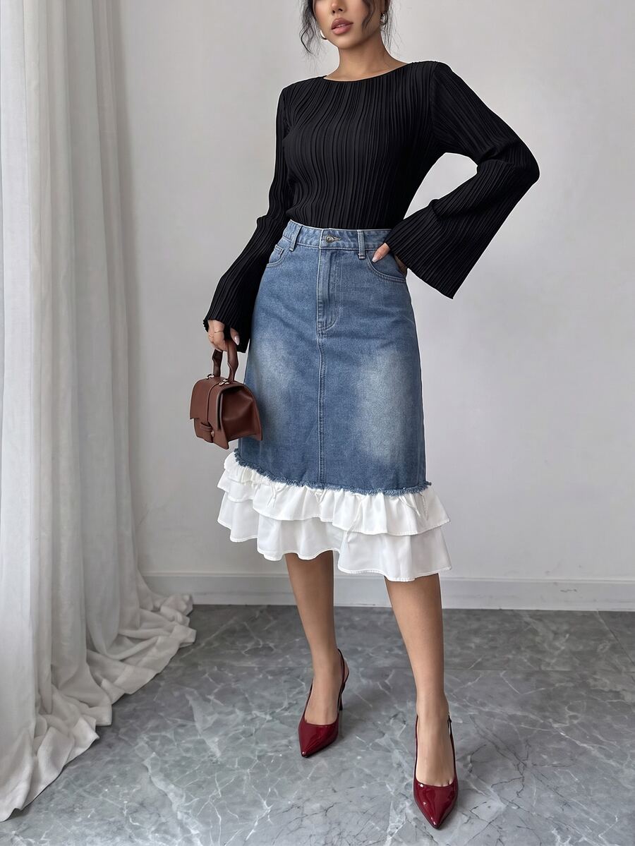 Elenzga Women's Casual Denim Skirt With Pockets And Buttons For Daily Wear - Blue - View 1