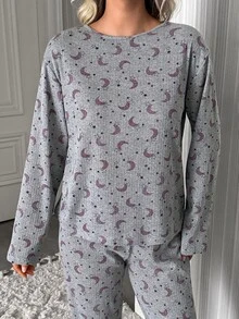 SHEIN Women Grey Moon & Star Print Crew Neck Long Sleeve Soft Ribbed Top And Matching Straight Leg Pants Casual Relaxed Fit 2-Piece Pajama Set - Light Grey - View 5