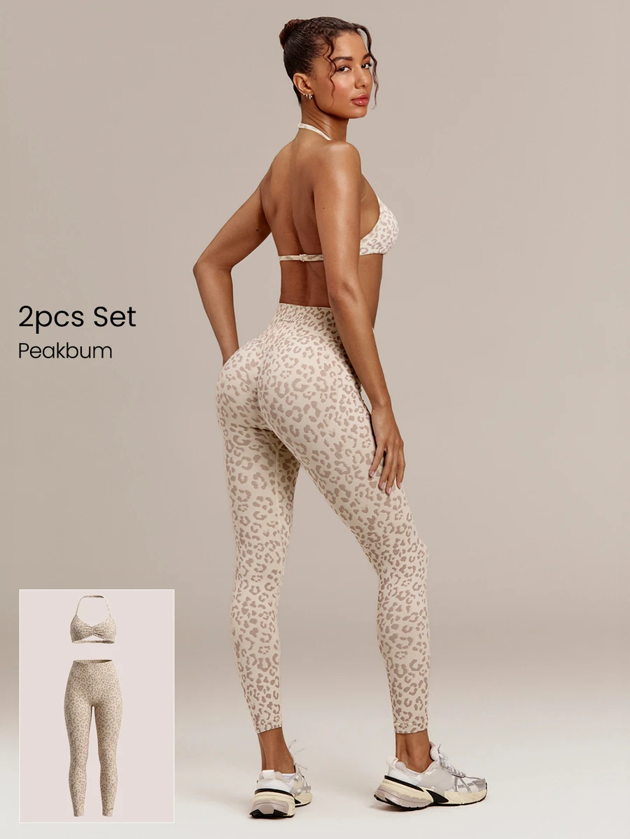 GLOWMODE Second-Skin Seamless Wild Glow Leopard Print Demi Bra & 24" Booty-Lifting Leggings Set Training Workout Gym Fitness Active Fall Winter Wear - Khaki - View 1