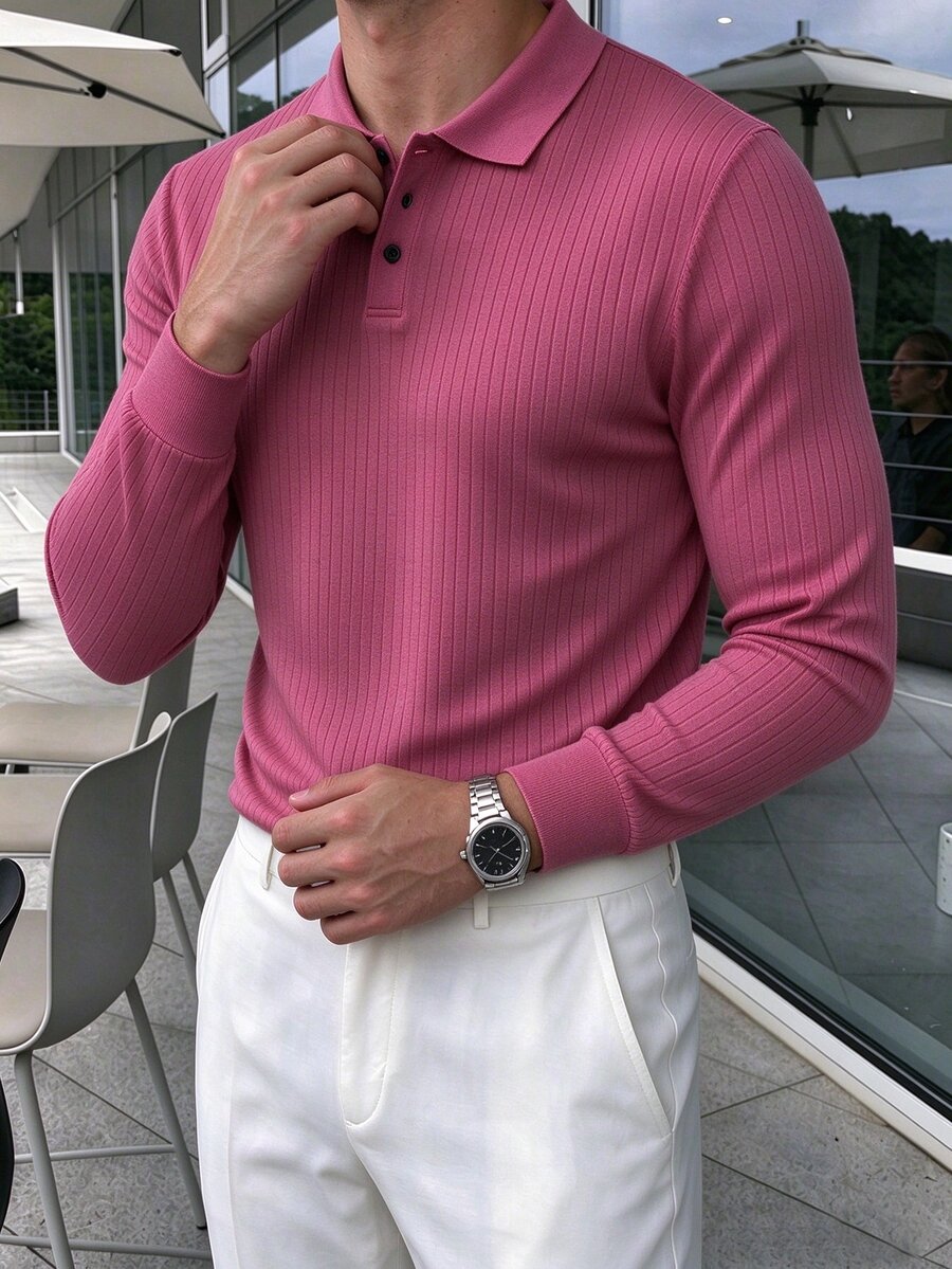 Claim Dot Men's Solid Color Casual Daily Long Sleeve Polo Shirt - Hot Pink - View 1