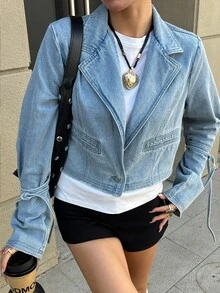 DAZY Women's Lapel Neck Long Sleeve Casual Versatile Denim Jacket - Blue - View 1