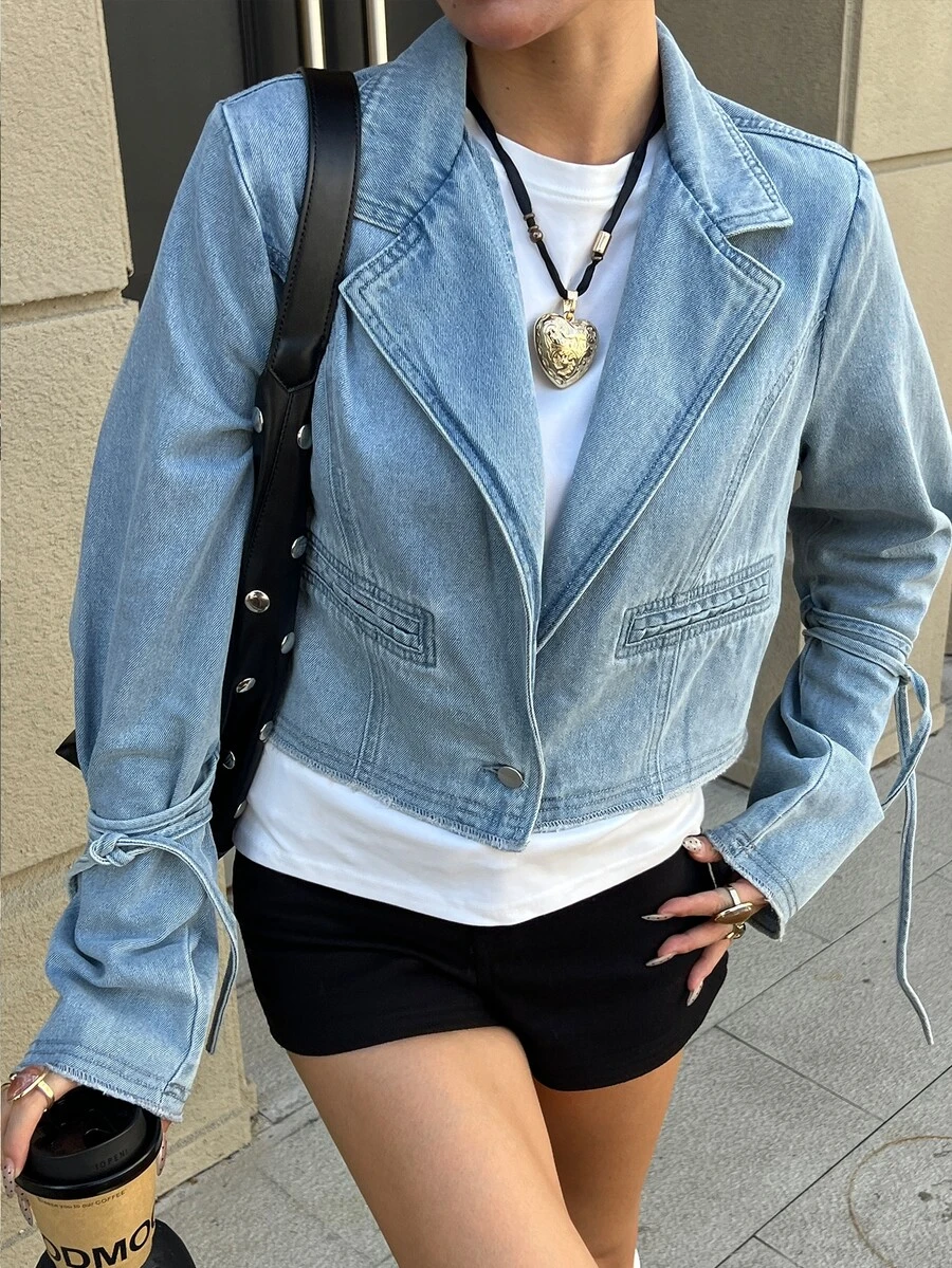 DAZY Women's Lapel Neck Long Sleeve Casual Versatile Denim Jacket - Blue - View 1