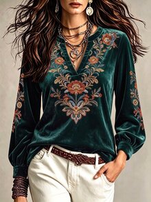 Glimmora Women's Floral Print Notch V-Neck Long Sleeve T-Shirt - Dark Green - View 1
