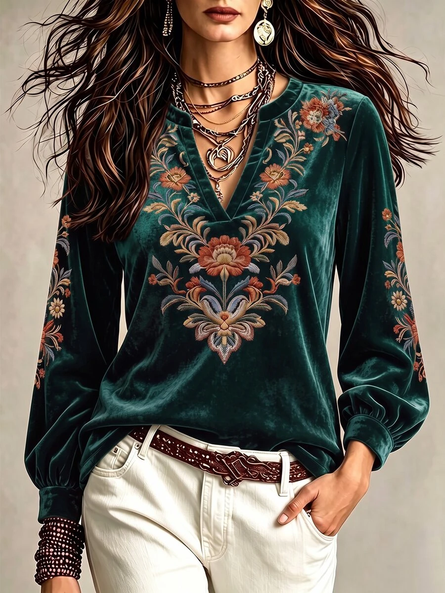 Glimmora Women's Floral Print Notch V-Neck Long Sleeve T-Shirt - Dark Green - View 1