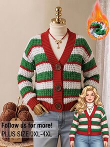 Rusticease Plus Size Women's Striped Dropped Shoulder Long Sleeve Single-Breasted Knit Cardigan - Multicolor - View 2