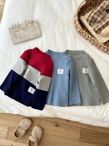 SHEIN 1pc Baby Boy Pullover Sweatshirt Preppy Red Blue Grey Letter Patch Ribbed Patchwork Long Sleeve Mock Neck Thickened Holiday Fall Jogging Cozy Basic - Navy Blue - View 7