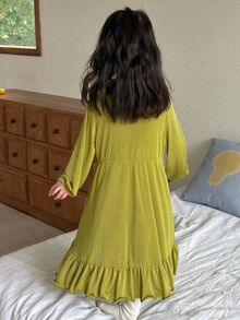 Dazy Kids 女童純色蝴蝶結裝飾長袖居家休閒連身裙 秋季 - 綠色 - 查看 2