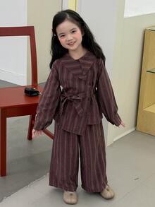 DAZY Young Girl Striped Button Long Sleeve Shirt And Loose Pants Set - Brown - View 7