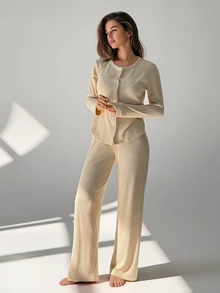 DAZY Women's Solid Color Long Sleeve Single-Breasted Top And Pants Pajama Set - Apricot - View 11
