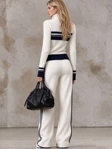 LUMIGAL Women's Zip-Up Half-Placket Long Sleeve Sweater And Pocket Knit Pants 2 Pieces Set - White - View 2