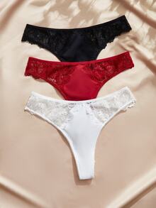 Charlaine French Style Solid Color Women's Thong Panties With Lace Trim And Pure Cotton Gusset (3pcs/Pack) - Multicolor - View 5