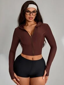 Slayform Women's Solid Color Casual Daily Long Sleeve Sports Jacket - Brown - View 4
