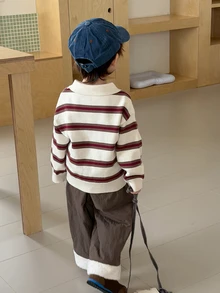 DAZY Infant (Boy) Turn Collar Striped Korean Style Long Sleeve Sweater - Coffee Brown - View 2