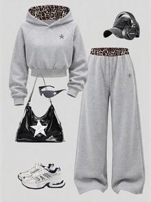 SHEIN 青少年女孩秋季穿搭上衣 休閒街頭風 寬鬆 假期度假 戶外 六年級派對 針織聚酯纖維 萬聖節 海軍藍 - 灰色 - 查看 1