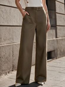 Anewsta Women's High Waist Straight Leg Suit Pants With Decorative Belt - Olive Green - View 6
