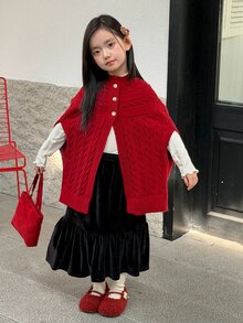 Dazy Kids (Tween Girl) 寬鬆粗繩編織可愛披肩式開襟毛衣，秋冬款 - 酒紅色 - 查看 4