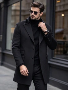 Manfinity Homme Men's Solid Color Pocket & Button Front Long Sleeve Overcoat, Autumn Fall Going Out Overcoat, For Friends, Husband, Boyfriend Gifts, Winter Ceremony - Black - View 6