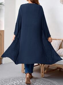 SHEIN Tall CURVE 大尺碼女款秋冬辦公晚餐外出長款開襟黑色大衣，商務休閒風 - 藏蓝色 - 查看 2