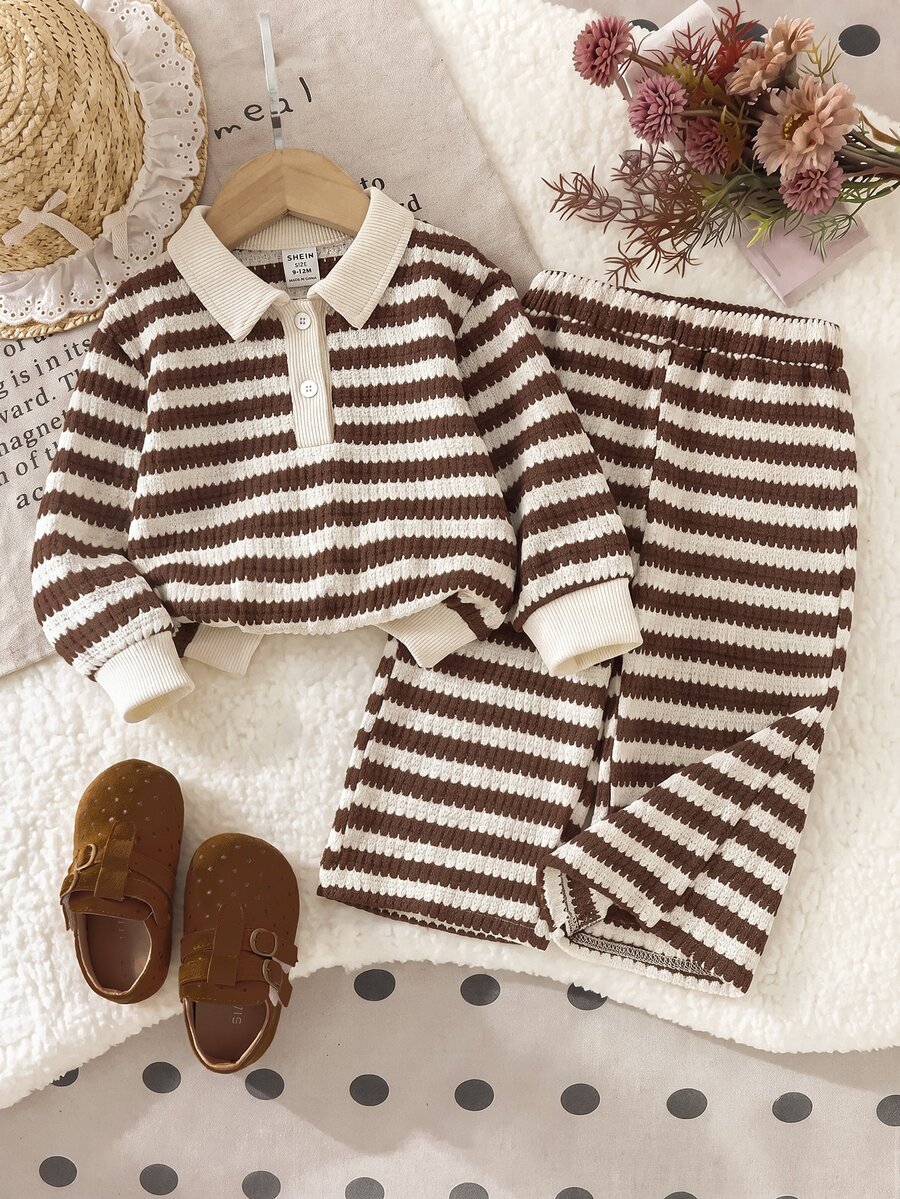 SHEIN Baby Girl Knitted Brown Striped Polo Collar Long Sleeve Top And Pants 2 Pieces Set - Multicolor - View 1