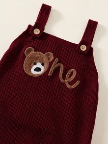 SHEIN 新生兒男嬰女嬰秋冬裝 卡其色針織連身衣 熊圖案手工刺繡吊帶褲毛衣，舒適時尚日常可愛復古經典百搭簡約多功能 - 酒紅色 - 查看 5