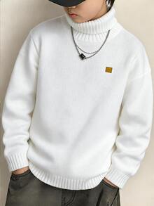 SHEIN Little Byeori 兒童青少年男孩休閒日常百搭舒適高領長袖套頭針織毛衣 素色 適合通勤上學日常休閒度假旅行運動 秋冬 - 白色 - 查看 5