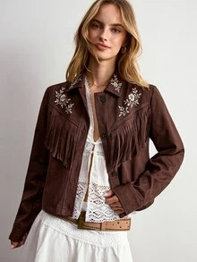Willow Rêve Women's Floral Embroidered Pattern Casual Daily Wear Long Sleeve Jacket - Brown - View 6