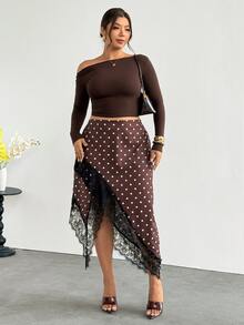 Firerie Plus Size French Polka Dot Lace Asymmetrical Hem Skirt - Brown - View 4