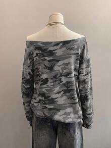 SHEIN EZwear 女款休閒衛衣，迷彩印花，露肩衛衣，女款秋冬服飾，街頭風，適合日常通勤、約會、派對、秋冬、夏季、聖誕節、新年、感恩節、派對、婚禮、海灘、畢業典禮，優雅、休閒、外出 - 彩色 - 查看 3