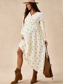 Boho Mama Maternity All-Over Print Pleated Casual Party & Travel Dress - Apricot - View 4