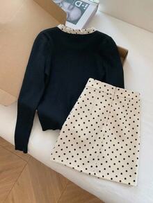 Muvela Women's Colorblock Polka Dot Bow Decor Long Sleeve Top And Skirt Elegant Set - Black and White - View 2