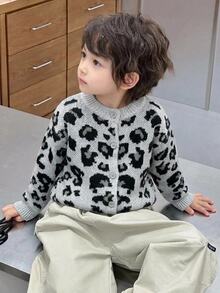 DAZY Young Boy Autumn/Winter Leopard Print Long Sleeve Knitted Cardigan - Dark Grey - View 1