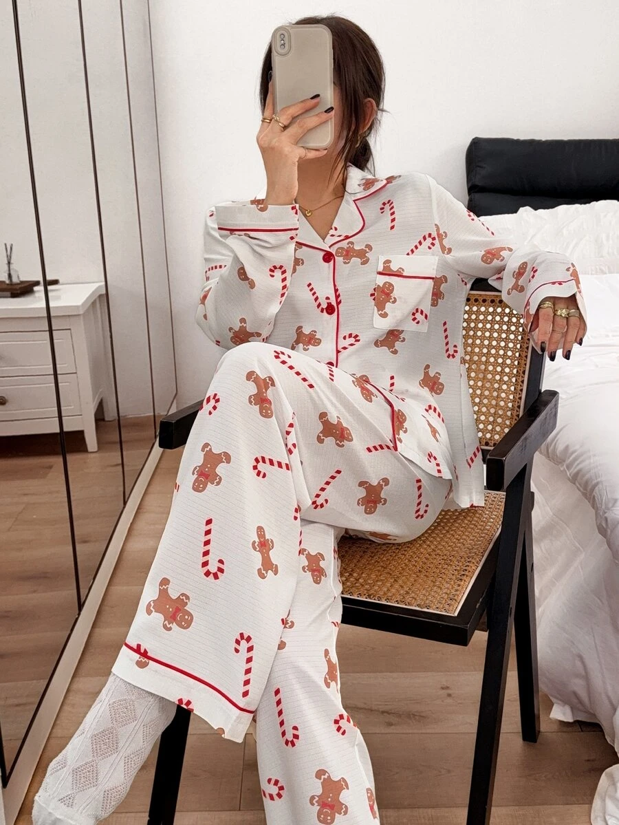 Napfluff Fun Gingerbread Man & Candy Cane Print Contrast Trim Loungewear Set - White - View 1