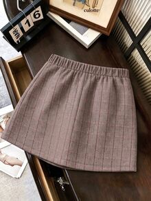 GlowEve CURVE Plus Size Woven Checkered Elegant Fall-Winter Full-Length Skirt - Brown - View 2