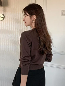 DAZY 女款圓領寬鬆基礎針織毛衣，長袖上衣，秋季服飾 - 棕色 - 查看 5