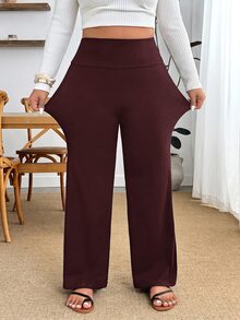 SHEIN PETITE CURVE 大尺碼女款純色休閒百搭日常穿著長褲 秋季早午餐度假黑色 - 紅木色 - 查看 6