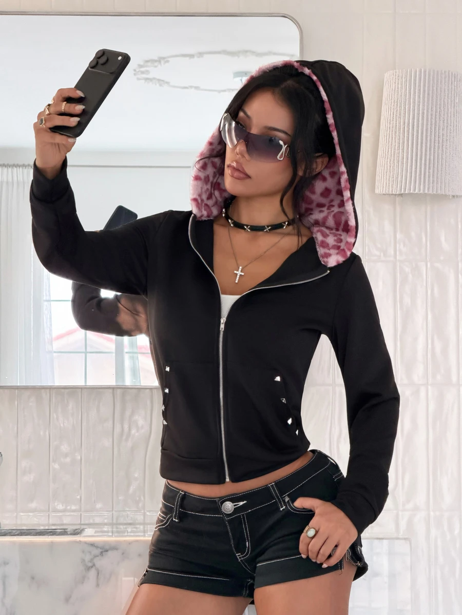 EgrlEra Y2K Beaded Black & Pink Leopard Print Fur Patchwork Hooded Long Sleeve Slim Fit Sweatshirt - Black - View 1