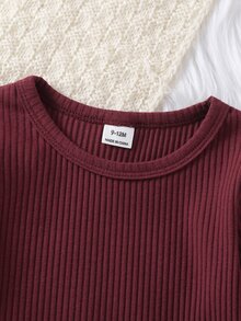 SHEIN Vintaside Kids 2件組幼女吊帶褲套裝，甜美酒紅米色花卉荷葉邊燈芯絨長袖圓領，生日秋季假期芭蕾舒適復古風 - 酒紅色 - 查看 6